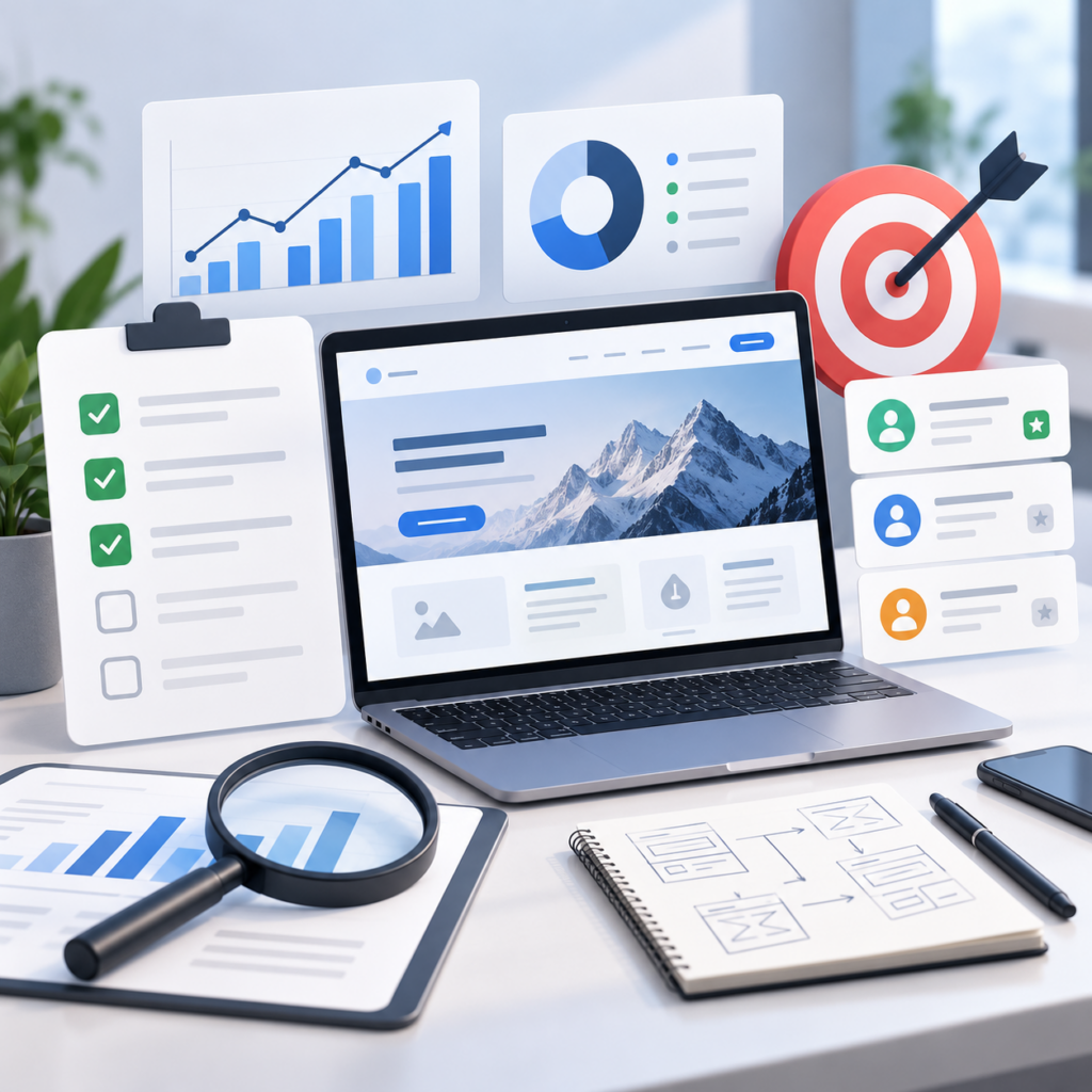 Illustrazione di una postazione di lavoro con dashboard, grafici, checklist e obiettivi per pianificare una campagna Ads.